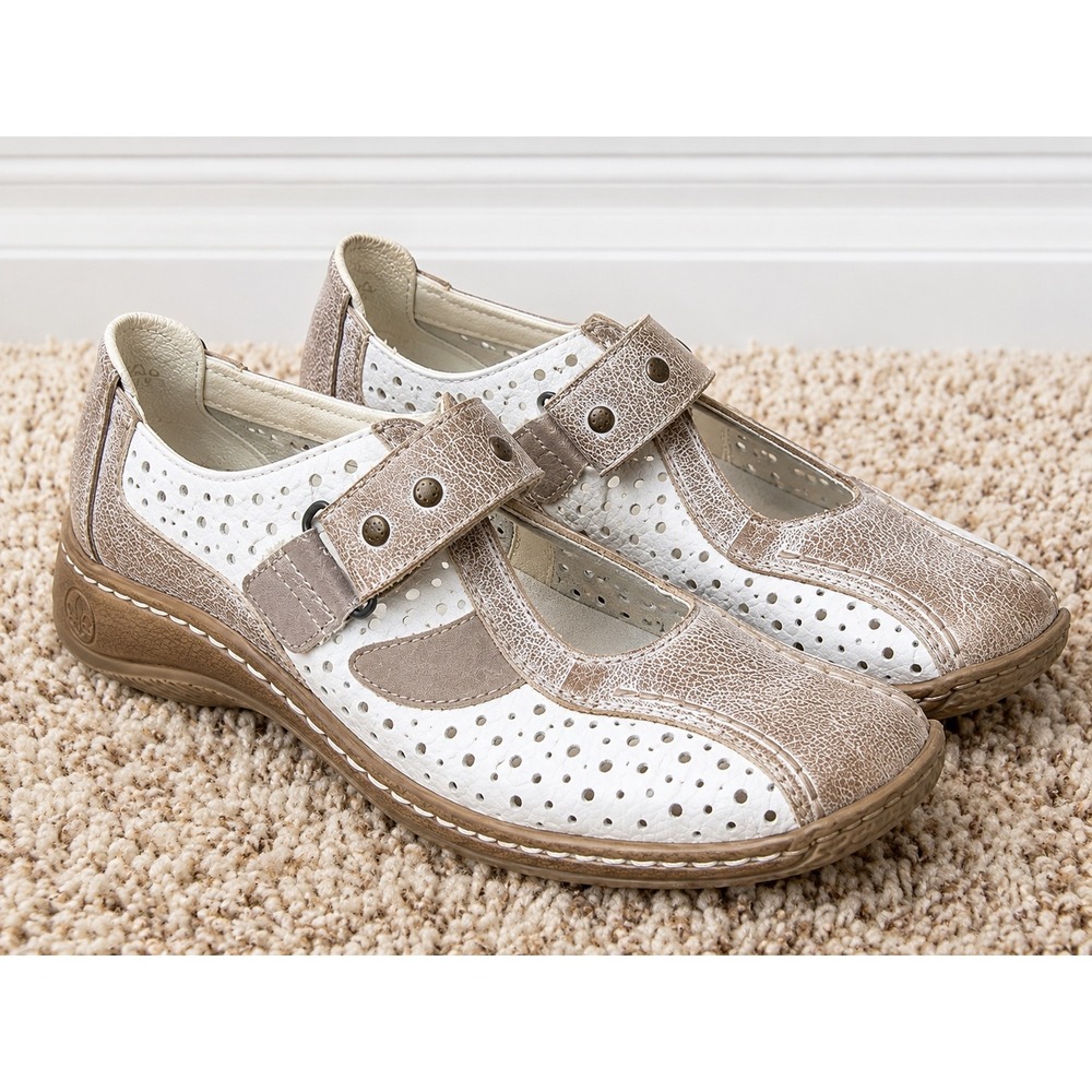 NEW Rieker Antistress Leather Mary Jane Comfort Walking Shoes White Taupe EU 38